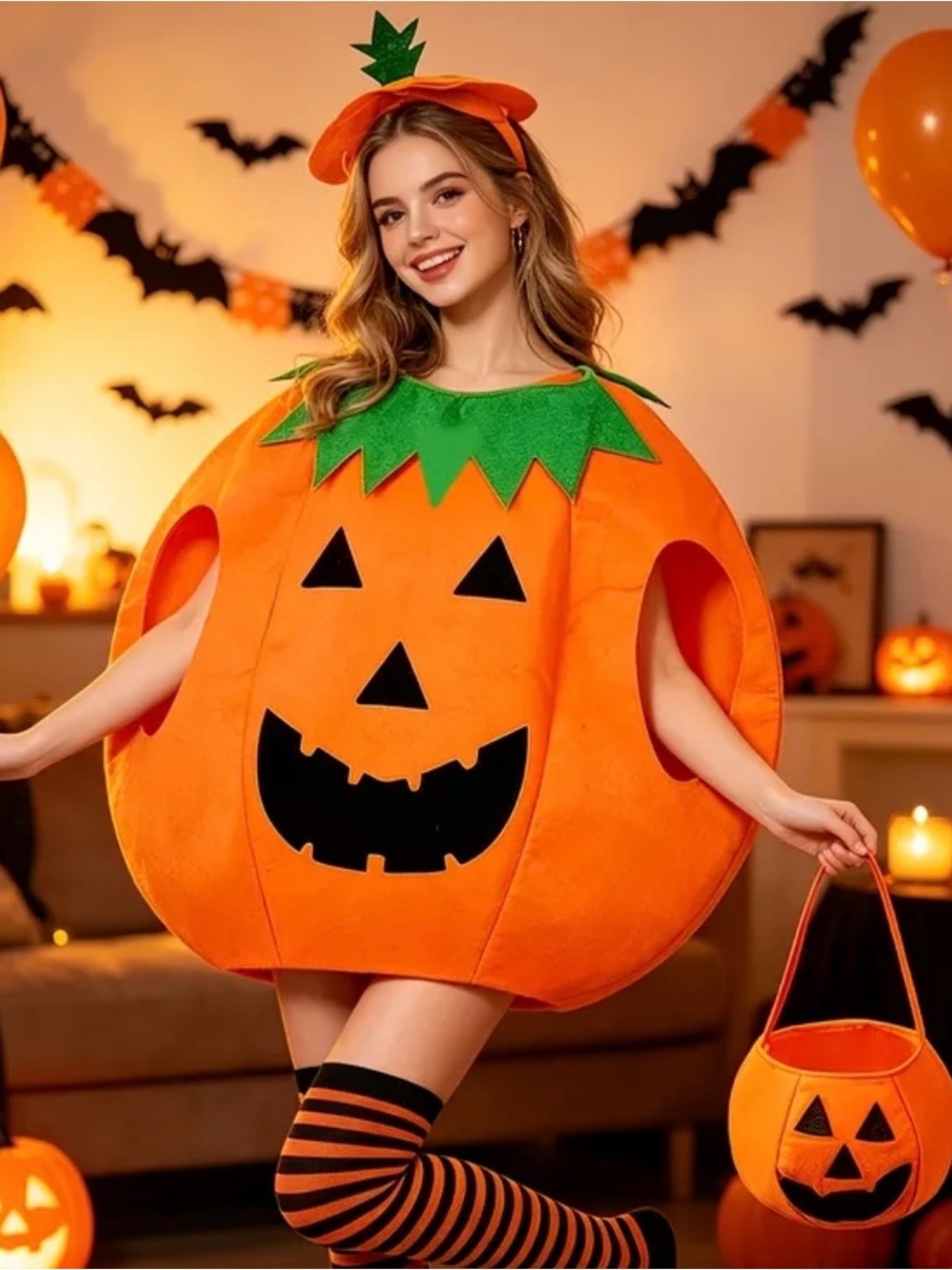Women's Orange Pumpkin Costume with Green Leaf Collar - Halloween Dress-Up
